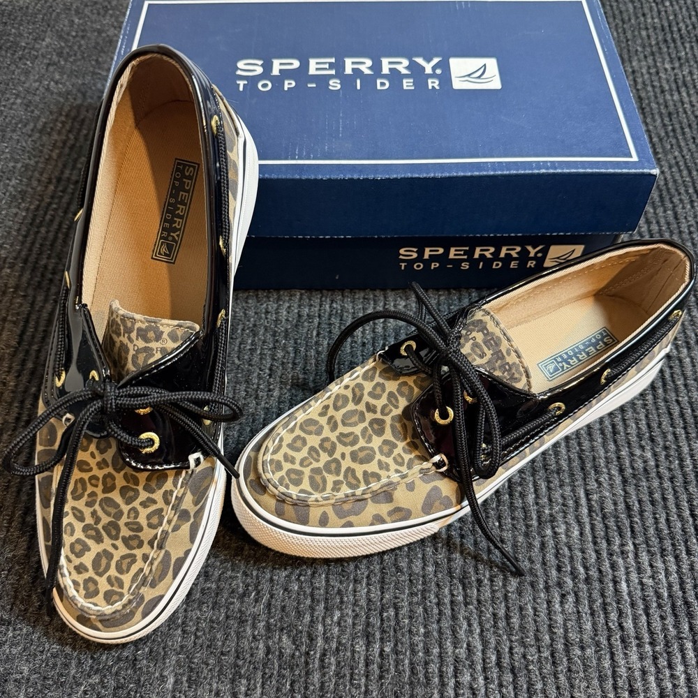 Sperry Top Sider Leopard Pattern Boat Shoes Patent Black Details, Size 8.5 Chic